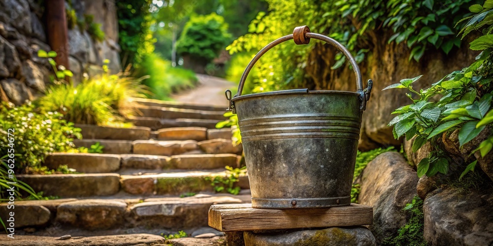 Rustic metal water pail with wooden handle and dents, placed on a worn stone step amidst lush greenery, evoking a sense of rural simplicity. Rustic metal water pail with wooden handle and dents, placed on a worn stone step amidst lush greenery, evoking a sense of rural simplicity.