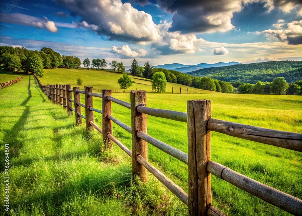Rustic metal post fence stretches across a rolling green meadow, its weathered bars and wooden supports blending seamlessly into the serene countryside landscape. Rustic metal post fence stretches across a rolling green meadow, its weathered bars and wooden supports blending seamlessly into the serene countryside landscape.