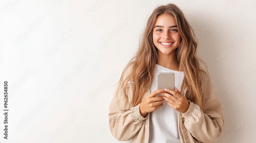 A smiling woman stands against a light-colored wall, holding a smartphone with both hands, appearing cheerful and content. A smiling woman stands against a light-colored wall, holding a smartphone with both hands, appearing cheerful and content.