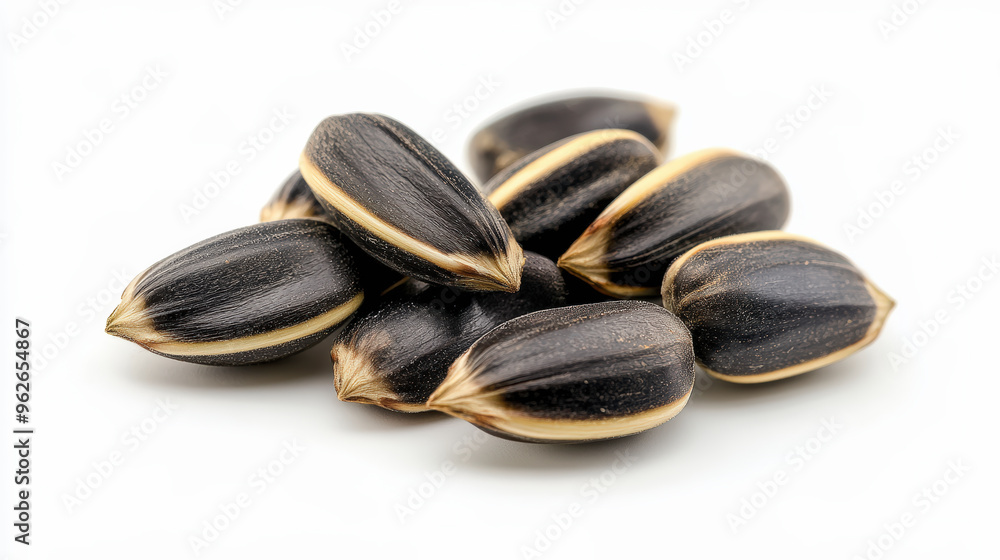 A close-up shot of a small pile of black and white striped sunflower seeds on a white background. A close-up shot of a small pile of black and white striped sunflower seeds on a white background.