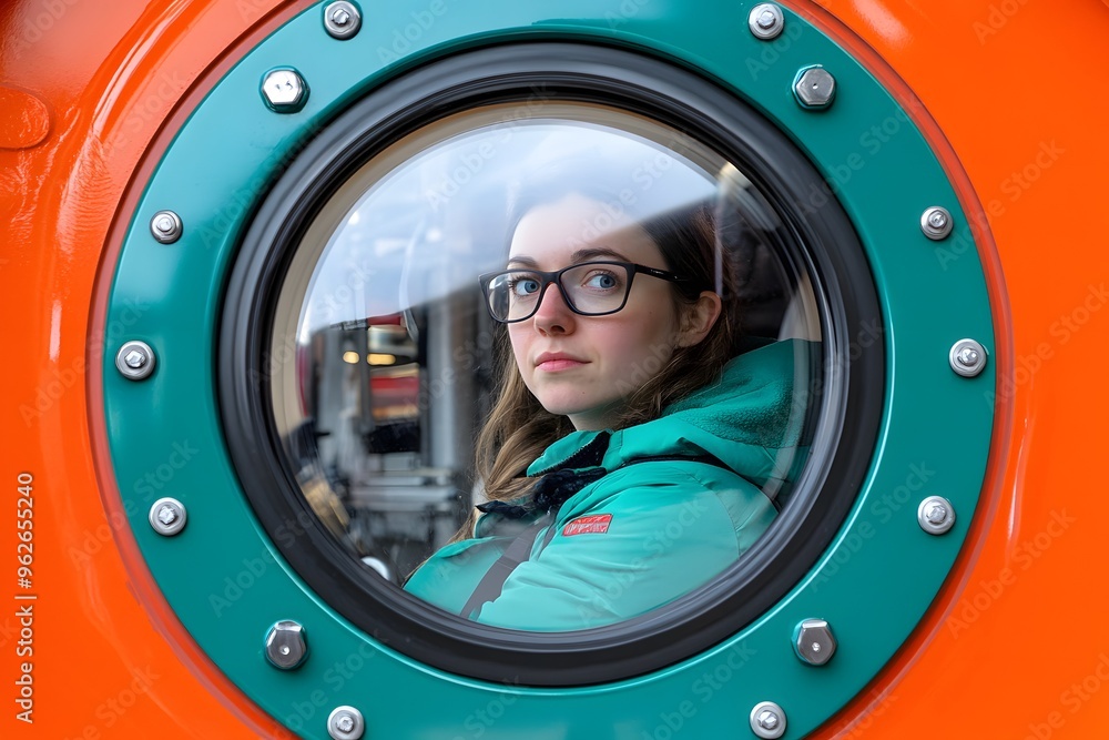 Woman Looking Through Round Window in Orange and Green Metal Door Woman Looking Through Round Window in Orange and Green Metal Door