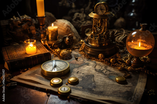 Antique Compass and Old Map Illuminated by Candlelight