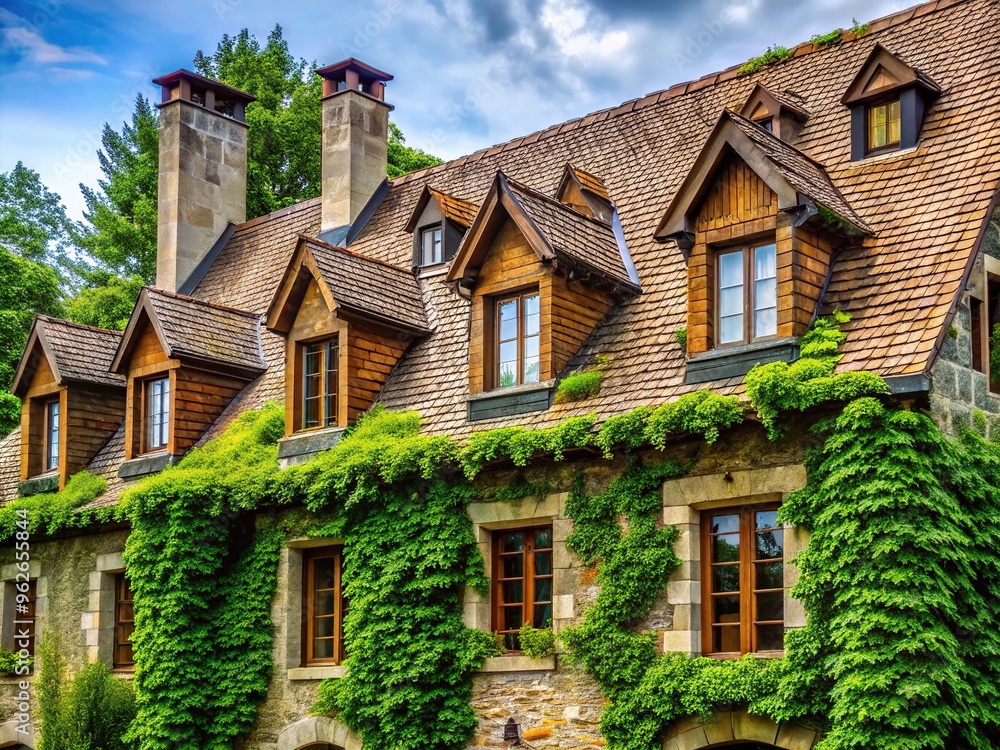Rustic stone facade adorned with multiple dormer windows, ornate roof tiles, and verdant ivy, showcasing charming European-inspired architecture amidst a serene natural background. Rustic stone facade adorned with multiple dormer windows, ornate roof tiles, and verdant ivy, showcasing charming European-inspired architecture amidst a serene natural background.