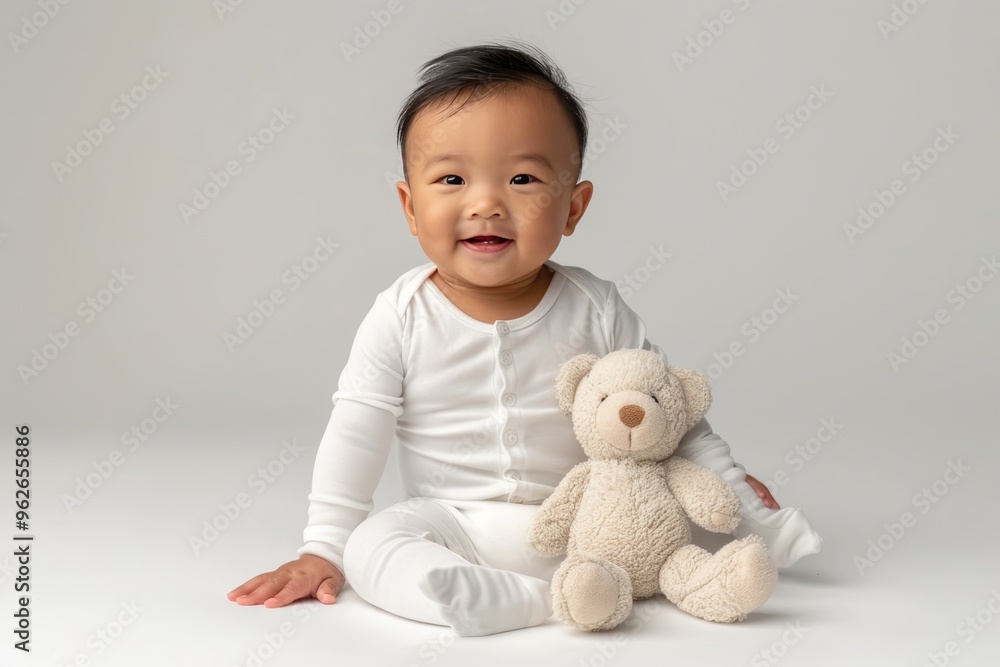 Happy Smiling Toddler Boy Sitting Isolated on White Background With His Favorite Teddy Bear Friend Happy Smiling Toddler Boy Sitting Isolated on White Background With His Favorite Teddy Bear Friend