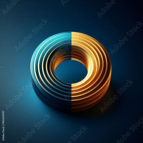 Abstract 3D ring with gold and blue concentric circles on a dark blue background.