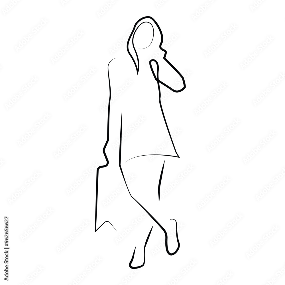 minimalist line shopping woman.simple line art drawing of woman standing with shopping bags.shopping discount.line vector illustration