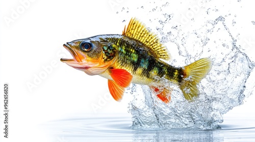 A colorful perch fish breaking the water surface with an energetic splash, isolated on a pristine white background.