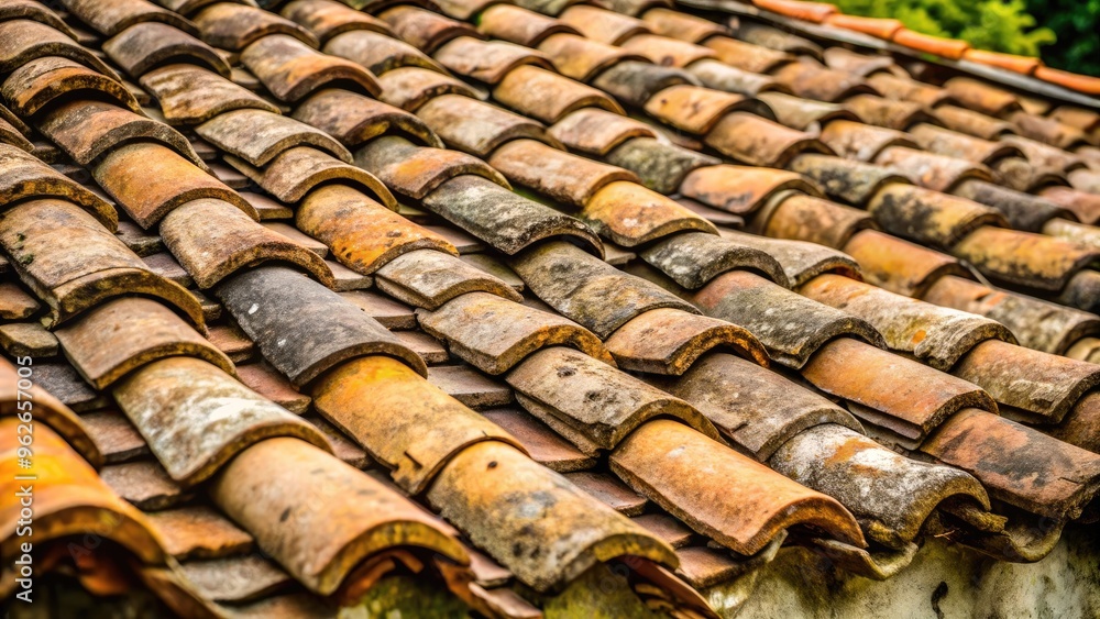 A rustic roof covered with weathered terracotta tiles. A rustic roof covered with weathered terracotta tiles.
