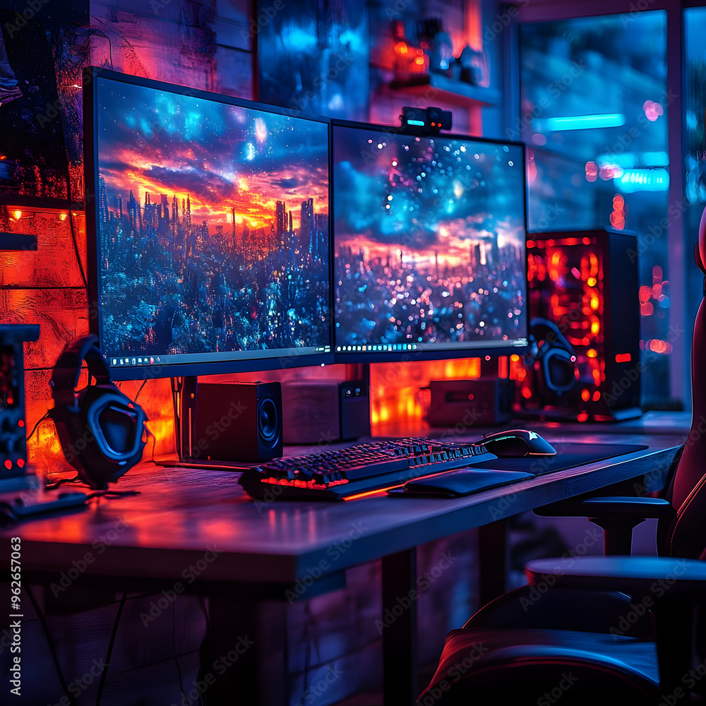 Gaming Setup with Red and Blue Lighting - Illustration Gaming Setup with Red and Blue Lighting - Illustration