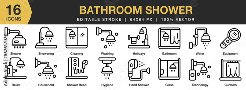 Bathroom Shower icon set. Editable Stroke Icon Collection. Includes bathroom, cleaning, curtains, equipment, glass, hand shower, and More. Outline icons vector collection.