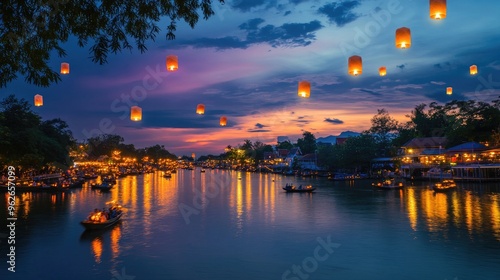 A scenic river view with krathongs and sky lanterns lighting up the water and sky, creating a serene festival atmosphere