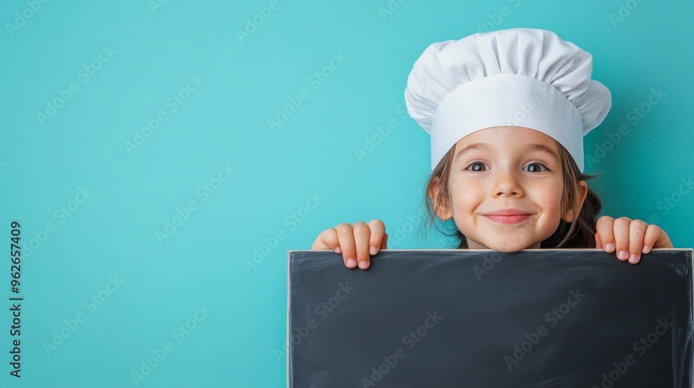 A cheerful child wearing a chef hat smiles widely while holding a blackboard. This image captures the joy of cooking and creativity in a playful, bright style. Perfect for culinary themes. AI A cheerful child wearing a chef hat smiles widely while holding a blackboard. This image captures the joy of cooking and creativity in a playful, bright style. Perfect for culinary themes. AI
