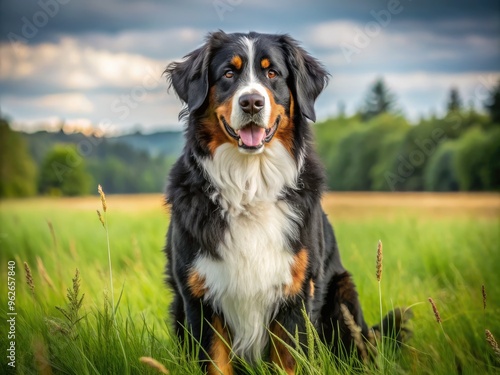 A Black And White Bernese Mountain Dog Stands In A Grassy Field, Looking Directly At The Camera With A Friendly Expression.