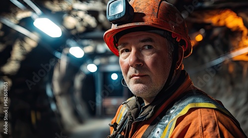 A miner in an underground tunnel, wearing safety gear and a headlamp, focused on his work.