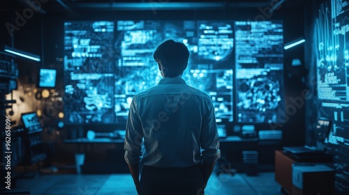 Hacker Monitoring Cyber Security in the Dark Command Center