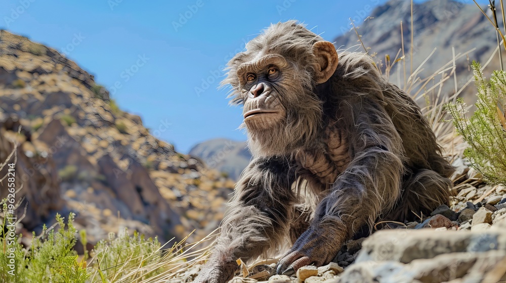 Naklejka premium An Ardipithecus ramidus individual navigates a rocky terrain with sparse vegetation, showcasing the species' adaptability to harsh environments