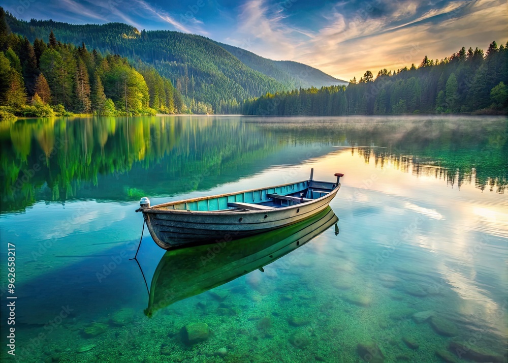 A serene lake scene with a boat at sunrise. A serene lake scene with a boat at sunrise.