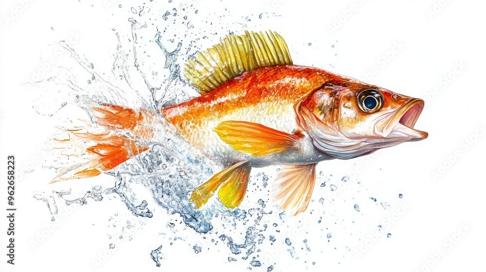 A perch fish in mid-jump with a stunning water splash, vividly detailed on a white background. A perch fish in mid-jump with a stunning water splash, vividly detailed on a white background.