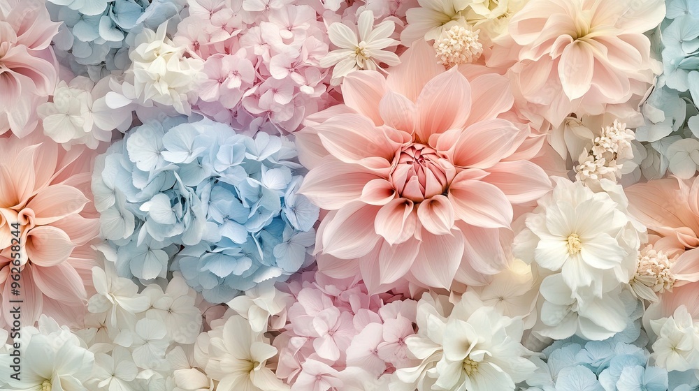 Obraz premium A repeating pattern of large, soft pastel flowers, including hydrangeas and dahlias, ideal for elegant backgrounds.