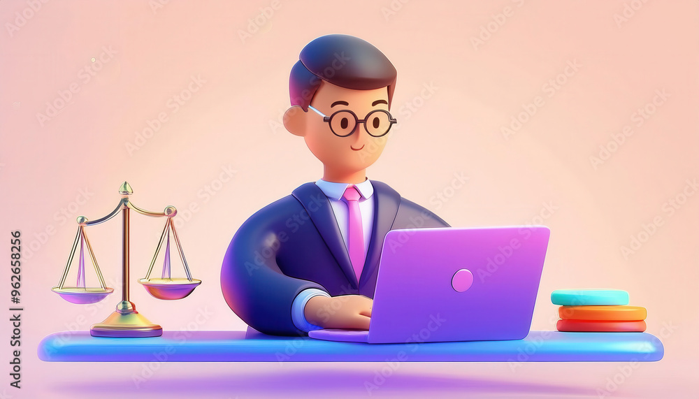 A cartoon lawyer working on a laptop, surrounded by law books and scales, representing modern legal practice and technology. A cartoon lawyer working on a laptop, surrounded by law books and scales, representing modern legal practice and technology.