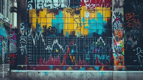 A creative fusion of urban graffiti and financial data, this image features a gritty graffiti wall overlaid with a financial graph. The mix of colorful lines and urban textures captures the