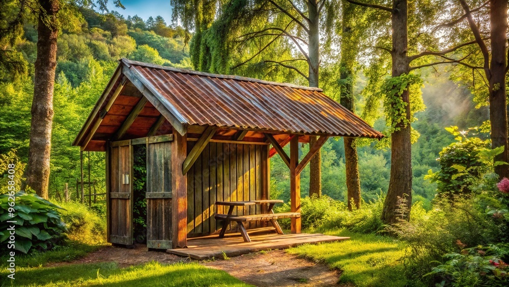 Rustic wooden lean-to shelter with corrugated metal roof, nestled among trees, surrounded by lush greenery, evoking a sense of serenity and rustic charm. Rustic wooden lean-to shelter with corrugated metal roof, nestled among trees, surrounded by lush greenery, evoking a sense of serenity and rustic charm.