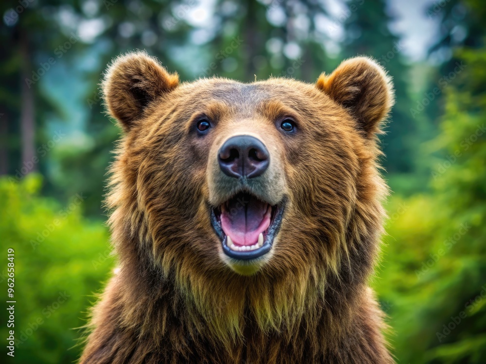 A Brown Bear With A Wide-Open Mouth And A Cheerful Expression, Surrounded By A Green Forest Background. A Brown Bear With A Wide-Open Mouth And A Cheerful Expression, Surrounded By A Green Forest Background.