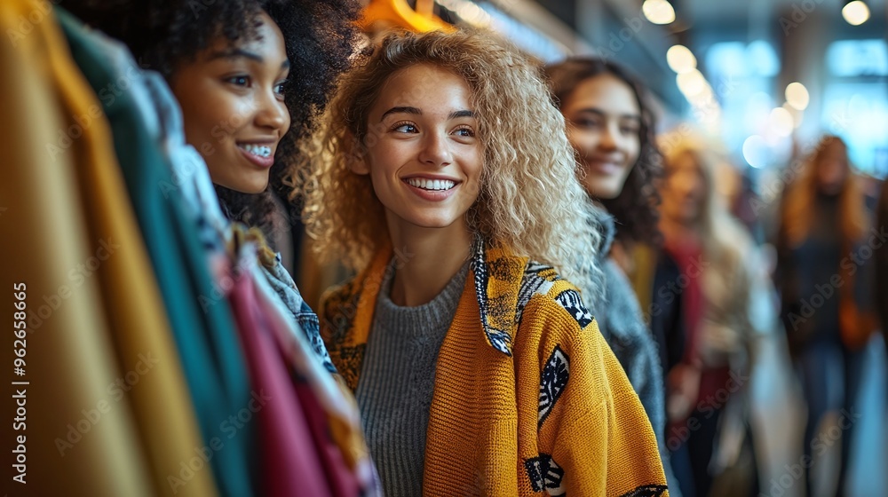 joyful multi-ethnic friends exploring fashion in a boutique store enjoying shopping together in the department store filled with fun and excitement joyful multi-ethnic friends exploring fashion in a boutique store enjoying shopping together in the department store filled with fun and excitement