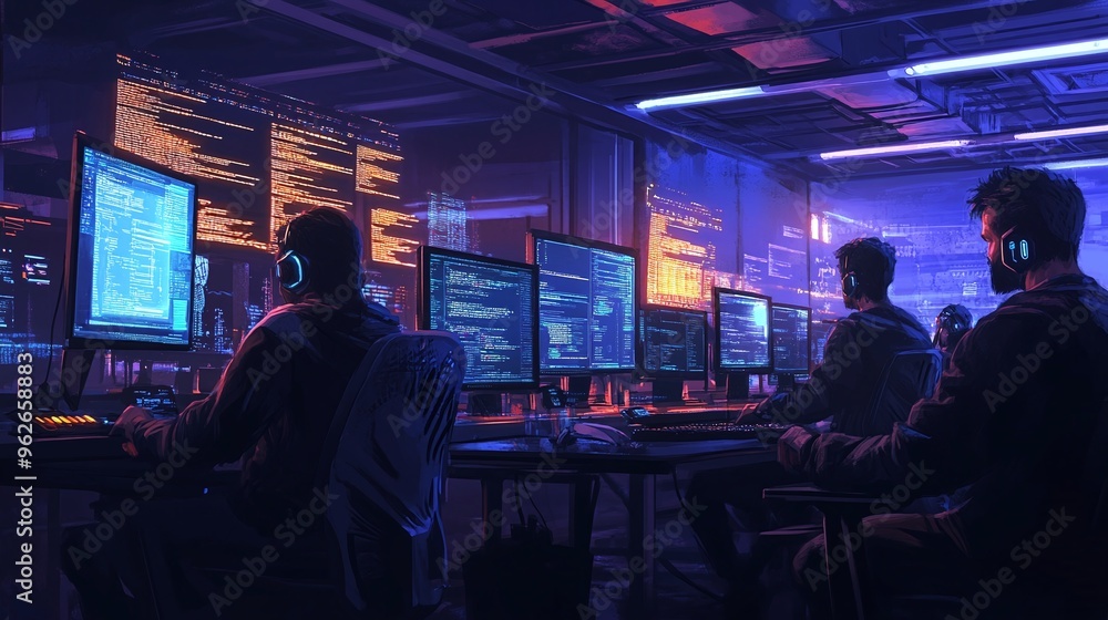 office setting with a group of hackers working late at night, using computer monitors and advanced technology to manage cloud computing and big data office setting with a group of hackers working late at night, using computer monitors and advanced technology to manage cloud computing and big data
