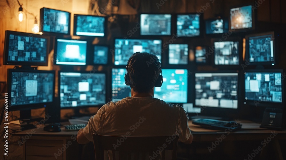 hacker working alone on many monitors in a dark room coding and securing digital systems with focus on advanced cybersecurity protection hacker working alone on many monitors in a dark room coding and securing digital systems with focus on advanced cybersecurity protection