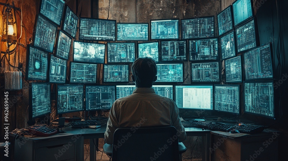 hacker man working on cybersecurity data coding in a dark room with multiple monitors focused on securing online systems and networks hacker man working on cybersecurity data coding in a dark room with multiple monitors focused on securing online systems and networks