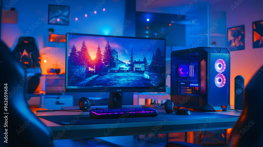Gaming Setup With RGB Lighting and Sunset Landscape Desktop Background - Illustration Gaming Setup With RGB Lighting and Sunset Landscape Desktop Background - Illustration