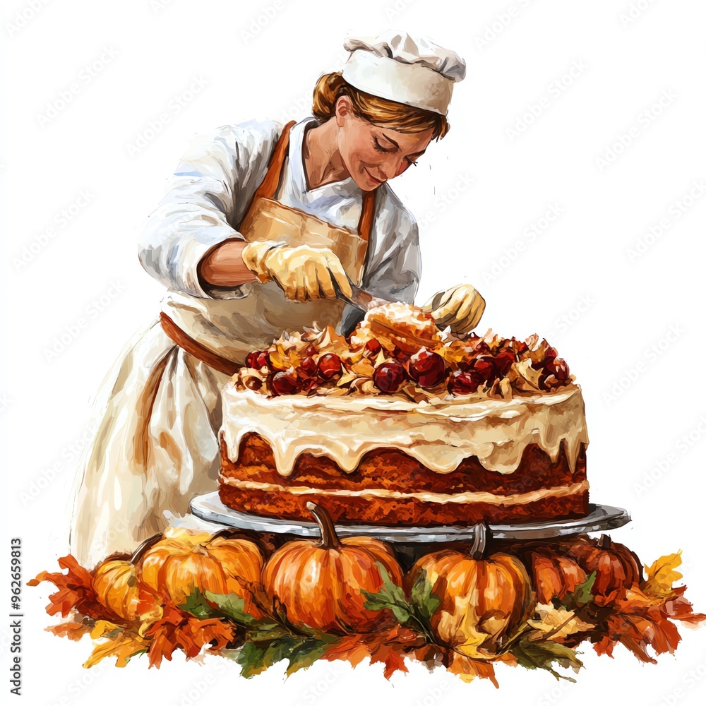 A baker frosting a Thanksgiving-themed cake clipart, intricate and festive, autumn tones, digital painting, isolated on white background A baker frosting a Thanksgiving-themed cake clipart, intricate and festive, autumn tones, digital painting, isolated on white background