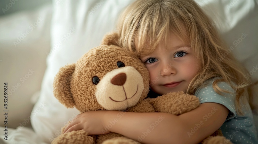 A sweet child hugs a soft teddy bear, showcasing warmth and innocence. This heartwarming image captures the essence of childhood comfort and joy. Ideal for family themes. AI A sweet child hugs a soft teddy bear, showcasing warmth and innocence. This heartwarming image captures the essence of childhood comfort and joy. Ideal for family themes. AI