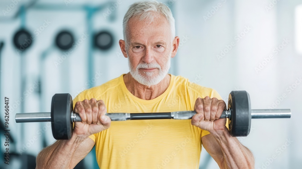 Older man lifting dumbbells in a home gym, focused expression, senior strength training, muscle building Older man lifting dumbbells in a home gym, focused expression, senior strength training, muscle building