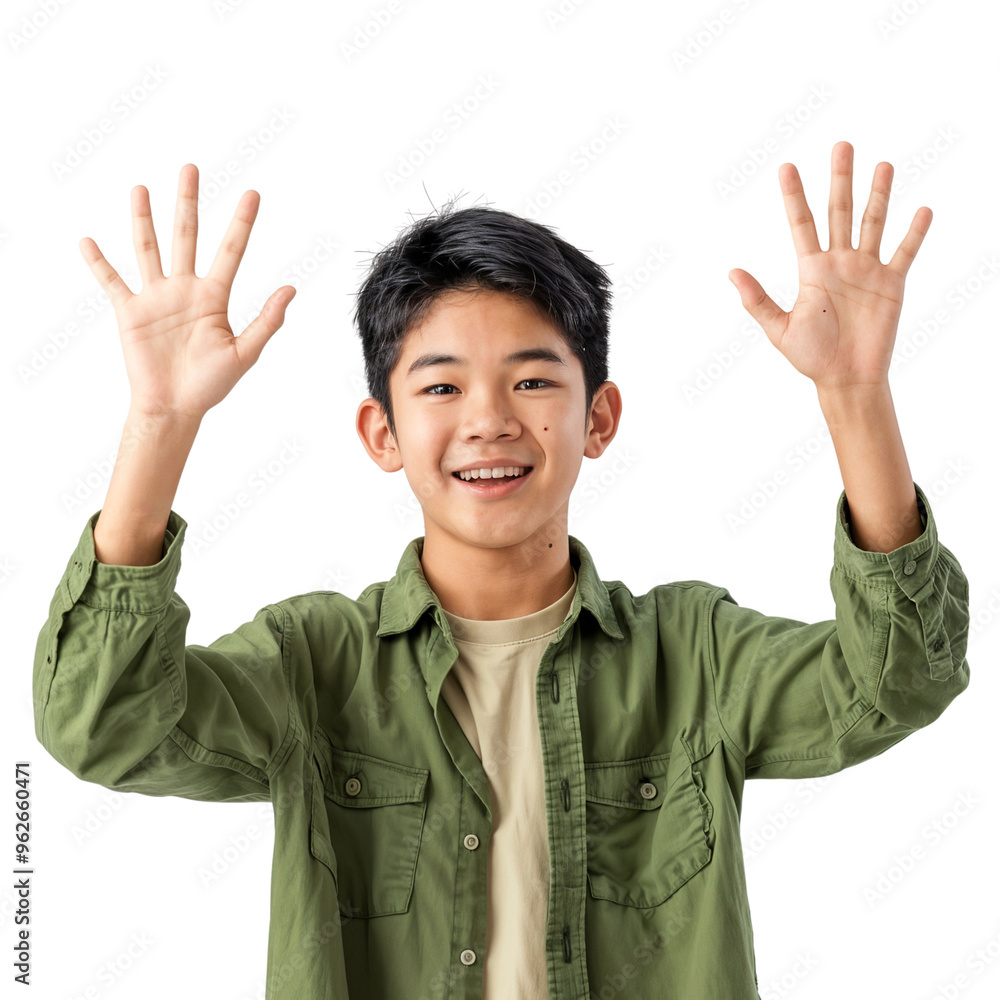 Portrait of a Smiling boy cheering with raised hands, isolated on white background Portrait of a Smiling boy cheering with raised hands, isolated on white background