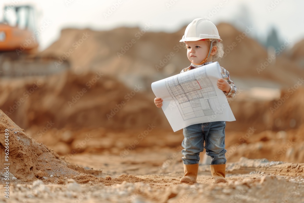 Little Architect Dreams Big Adorable Child in Hard Hat Reviews Blueprints at Construction Site Little Architect Dreams Big Adorable Child in Hard Hat Reviews Blueprints at Construction Site