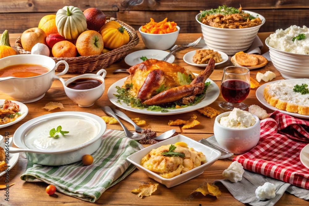 A cluttered table with leftover turkey, mashed potatoes, and pumpkin pie, surrounded by crumpled up napkins and dirty dishes, conveying post-Thanksgiving dinner chaos. A cluttered table with leftover turkey, mashed potatoes, and pumpkin pie, surrounded by crumpled up napkins and dirty dishes, conveying post-Thanksgiving dinner chaos.