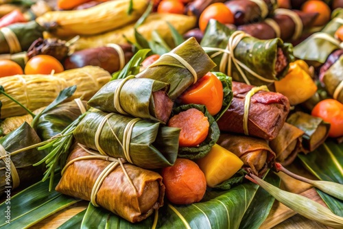 A Close Up View Of A Typical Hangi Meal In New Zealand, A Traditional Method Of Cooking, Featuring A Variety Of Cooked Root Vegetables And Meats Wrapped In Leaves. photo