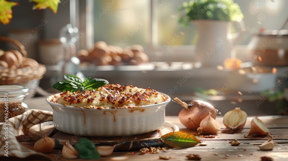 Naklejka premium Dish of turnip gratin with a crispy top, served on a rustic plate against a cozy kitchen backdrop.