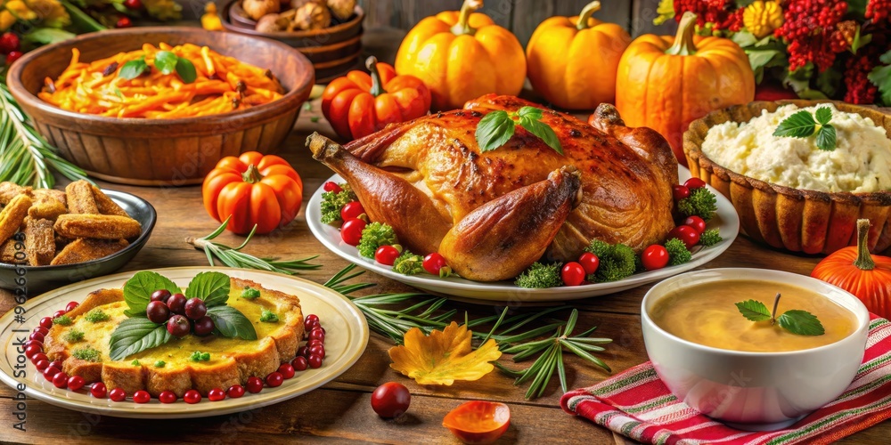 A Colorful And Festive Thanksgiving Feast With A Roasted Turkey, Mashed Potatoes, And Pumpkin Pie On A Decorated Table A Colorful And Festive Thanksgiving Feast With A Roasted Turkey, Mashed Potatoes, And Pumpkin Pie On A Decorated Table