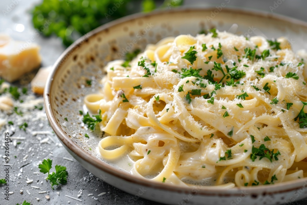 A plate of creamy fettuccine Alfredo garnished with parsley and Parmesan cheese A plate of creamy fettuccine Alfredo garnished with parsley and Parmesan cheese
