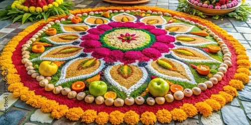 A Colorful Rangoli Design With Flowers And Fruits Against A Traditional Kerala Backdrop, Symbolizing The Vishu Festival In India. photo