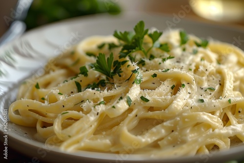 A plate of creamy fettuccine Alfredo garnished with parsley and Parmesan cheese