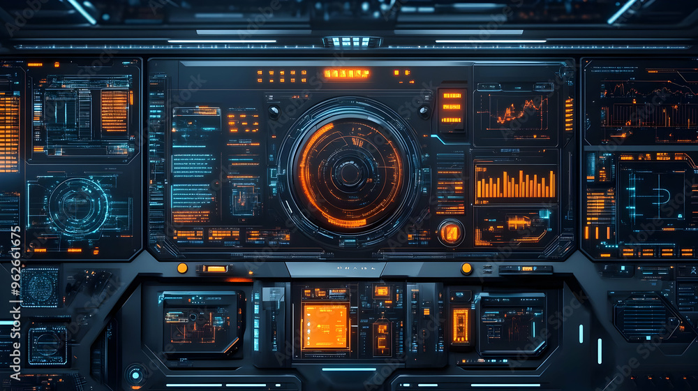 Futuristic Interface with Glowing Blue and Orange Lights 3D Illustration Futuristic Interface with Glowing Blue and Orange Lights 3D Illustration