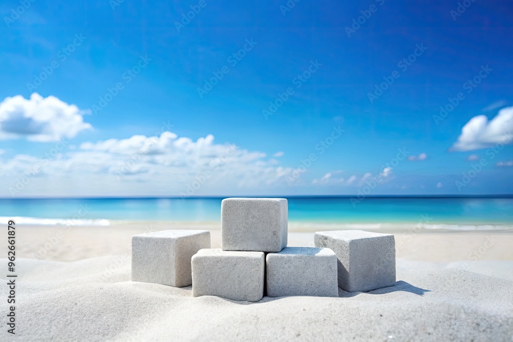 Fototapeta premium A serene beach scene with white sand and blue sky.