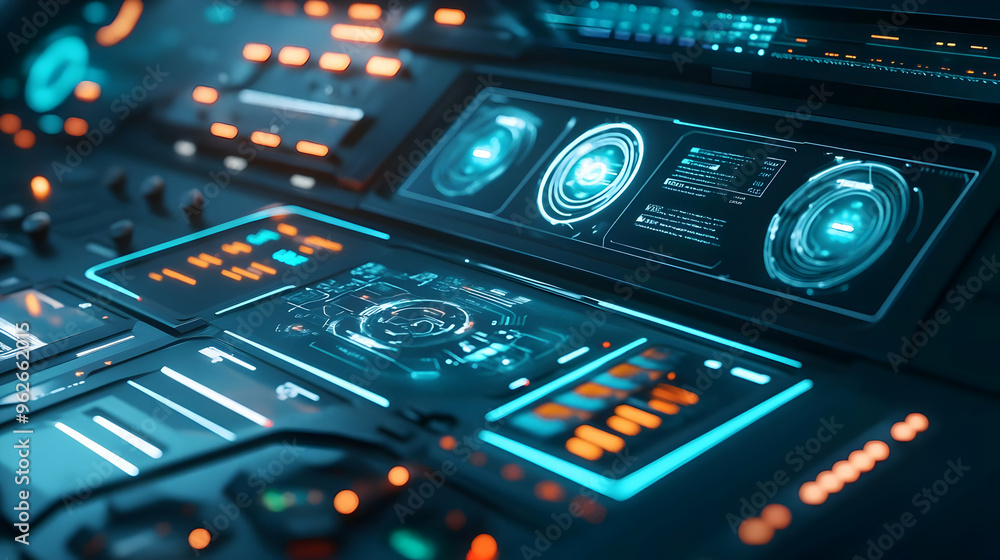 Futuristic Control Panel with Blue and Orange Lights 3D Illustration Futuristic Control Panel with Blue and Orange Lights 3D Illustration