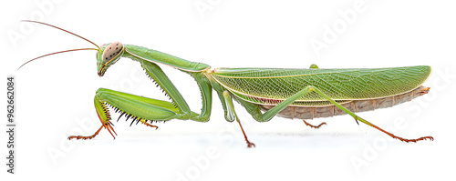 A close-up side view of a Giant Asian Green Praying Mantis (Hierodula membranacea) against a clean white background photo