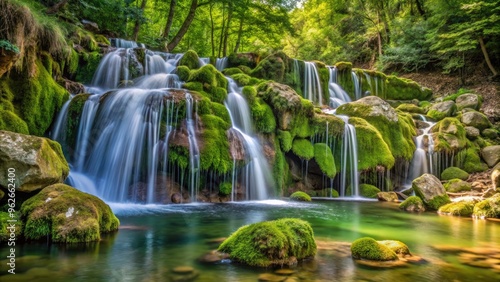 A serene waterfall cascades into a tranquil pool.