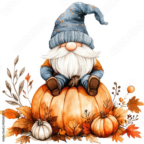 A gnome sitting on a pumpkin with Thanksgiving decorations clipart, cozy autumn vibes, digital painting, isolated on white background